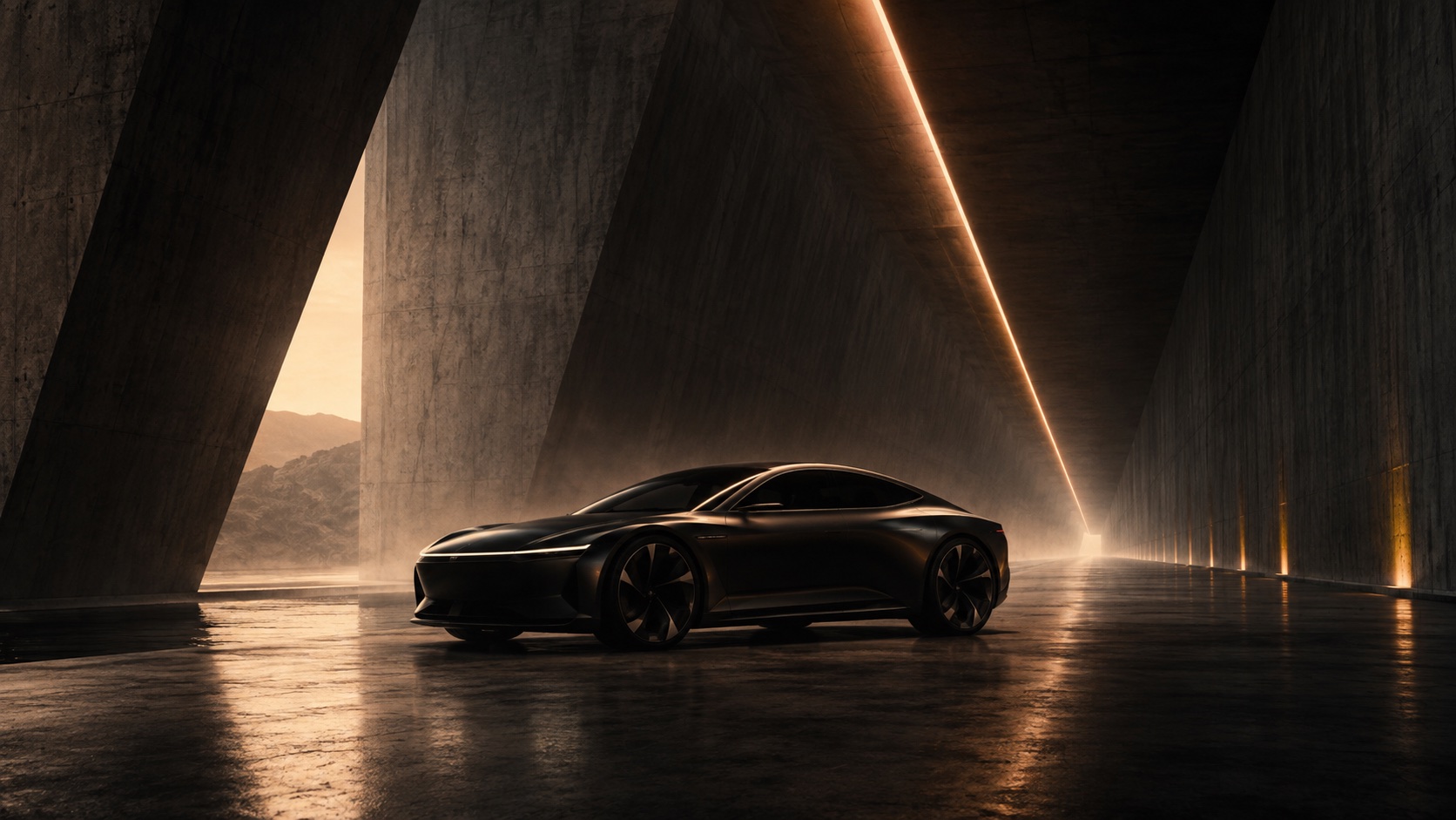 Dark vehicle framed by a monumental concrete tunnel