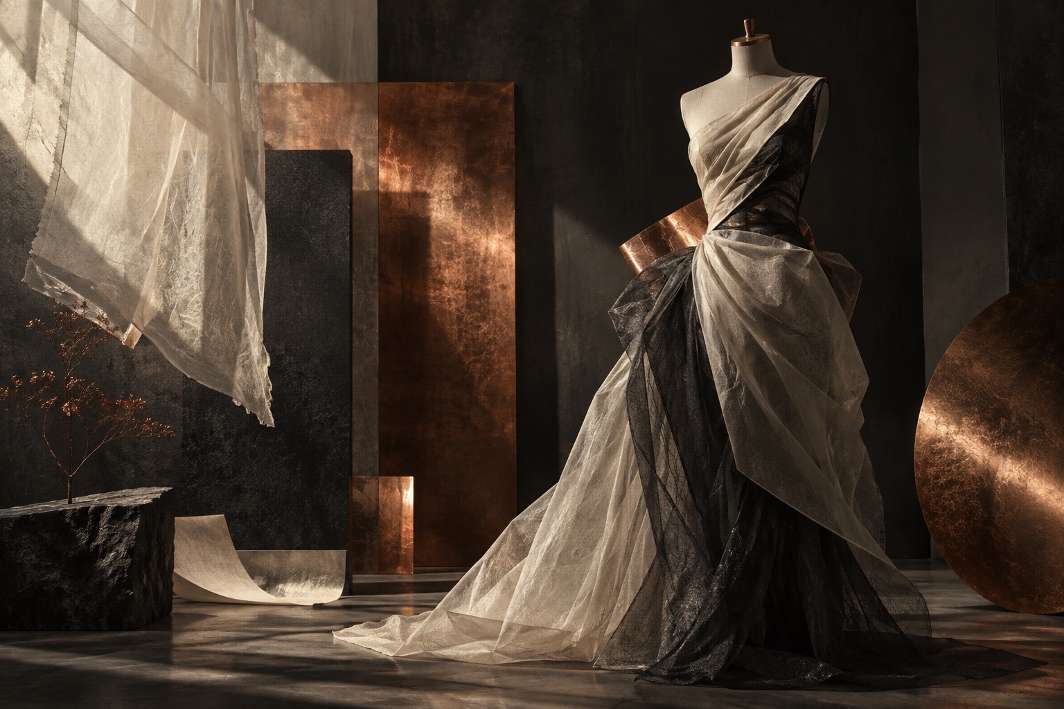 Concept fintech artwork: illuminated glass fins and copper pathways